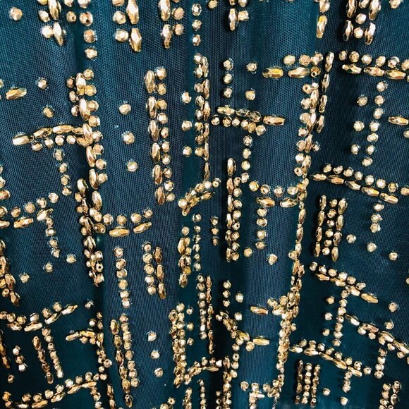 Cache Teal Green Gold Beaded Dress Size 0 - Picture 3 of 7